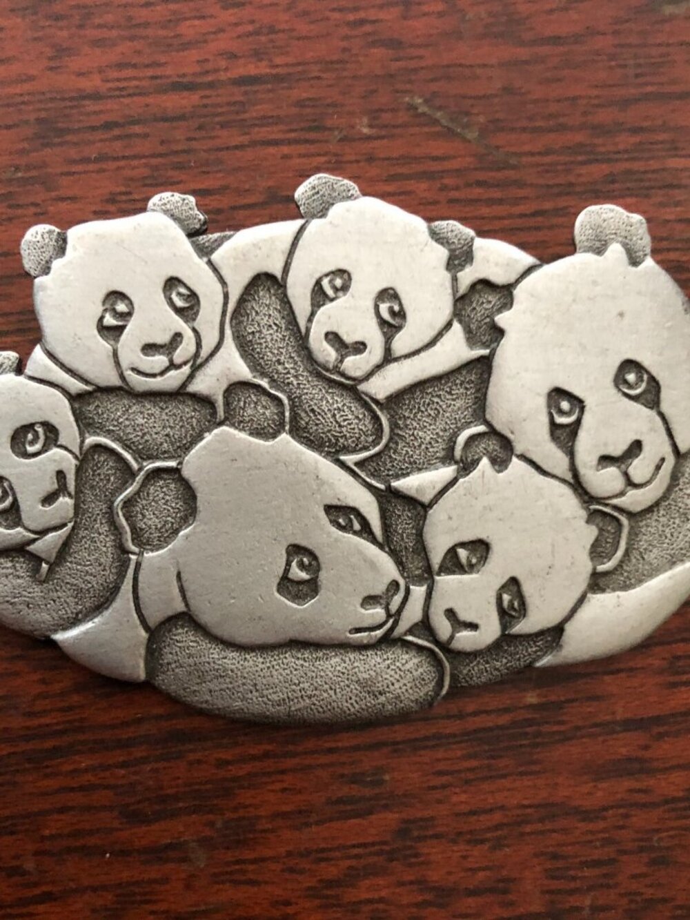 J&J JJ Vintage Panda Bear Family Pewter Pin Brooch
